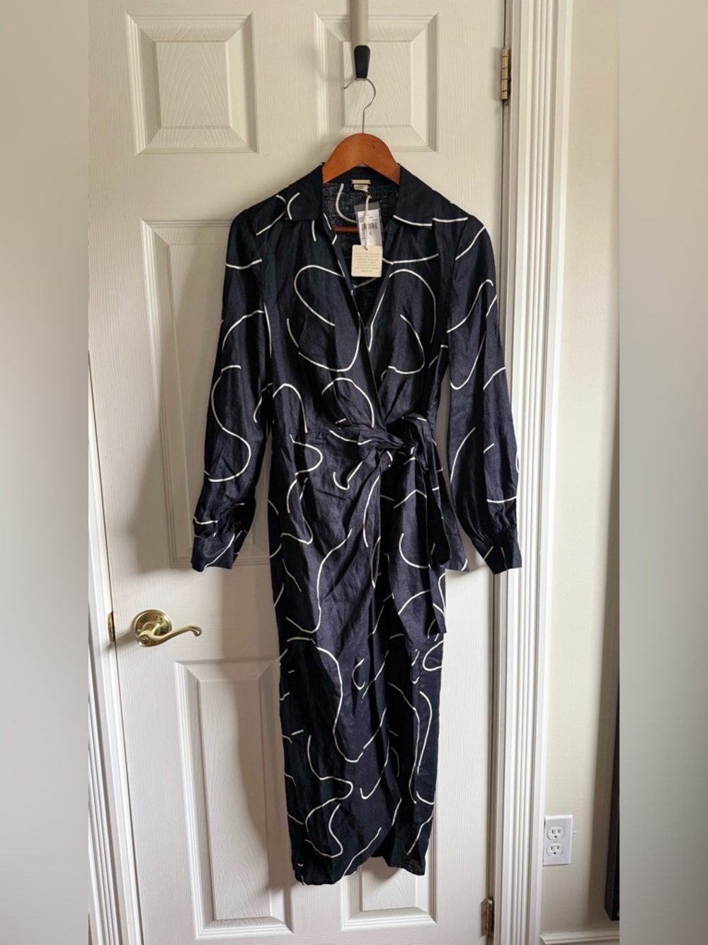 Black Long Sleeve Wrap Dress with Abstract White Line Print